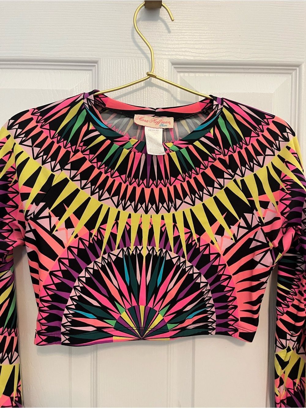 Mara Hoffman Swim Neon Geometric Long Sleeve Crop Rash Guard Top M - Picture 7 of 16